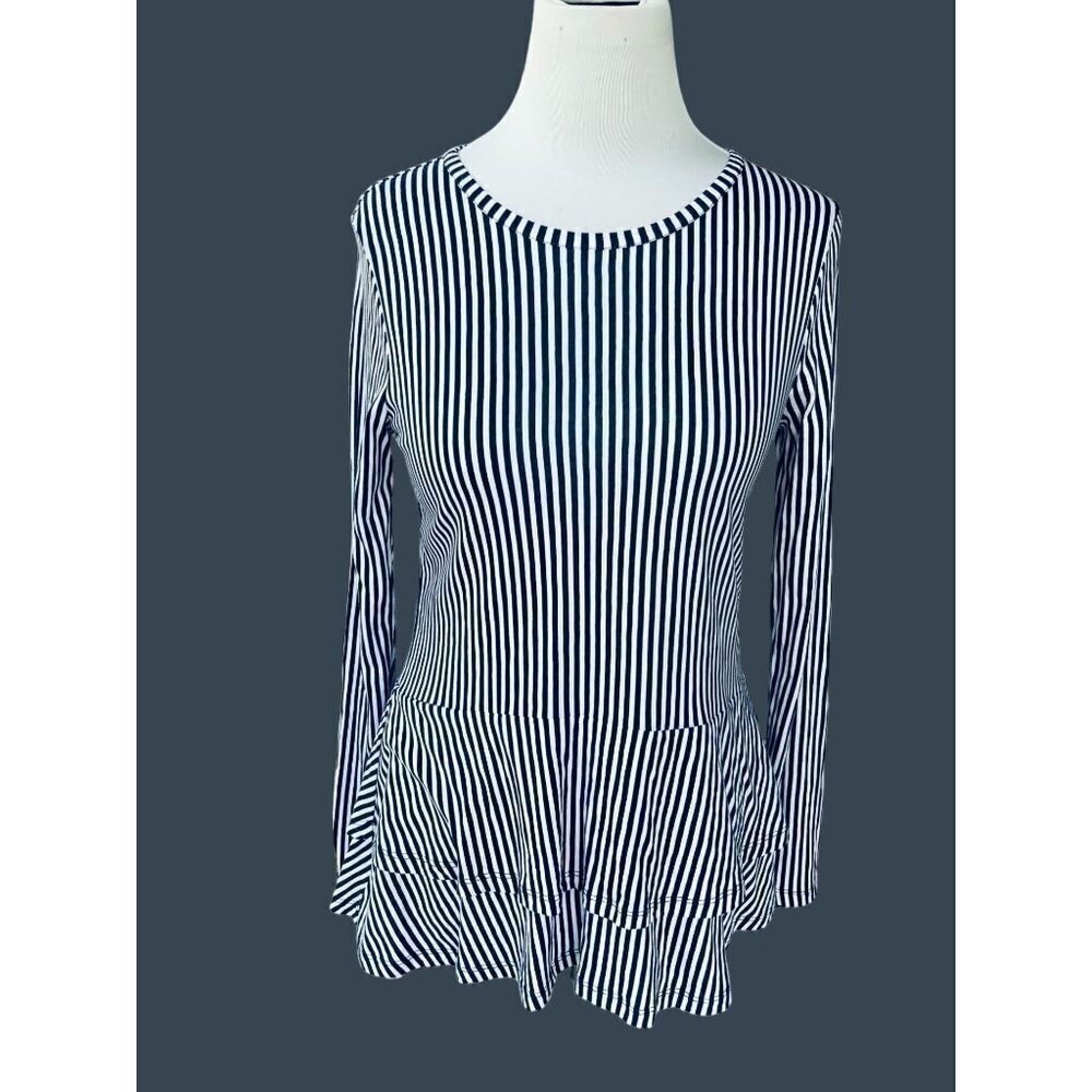 MICHAEL MICHAEL KORS LADIES LS TIERED PEPLUM NAVY WHITE TOP TUNIC BLOUSE EUC S